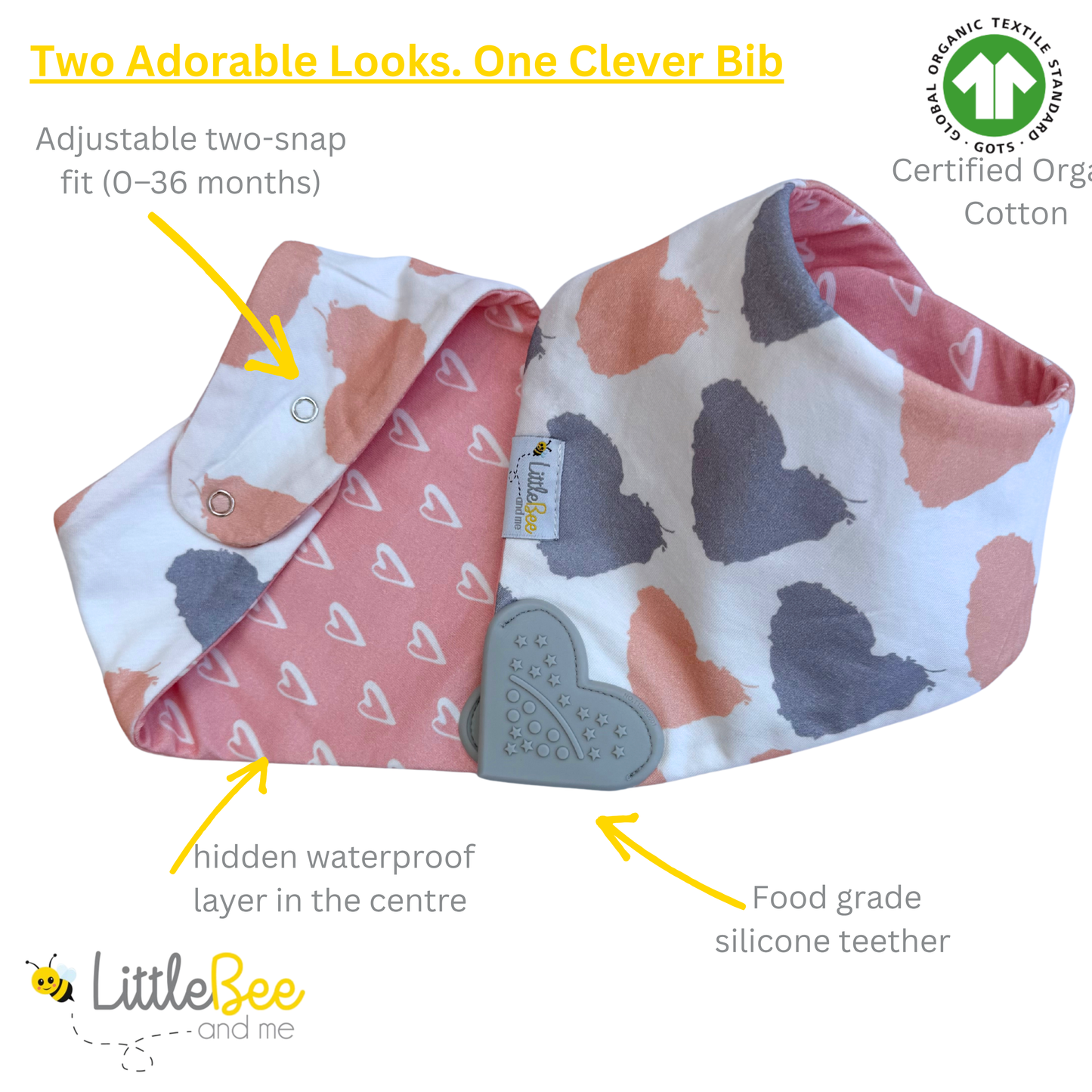 Hearts & Hugs - Organic Reversible Teether Bib (Single Bib, 2 Looks)